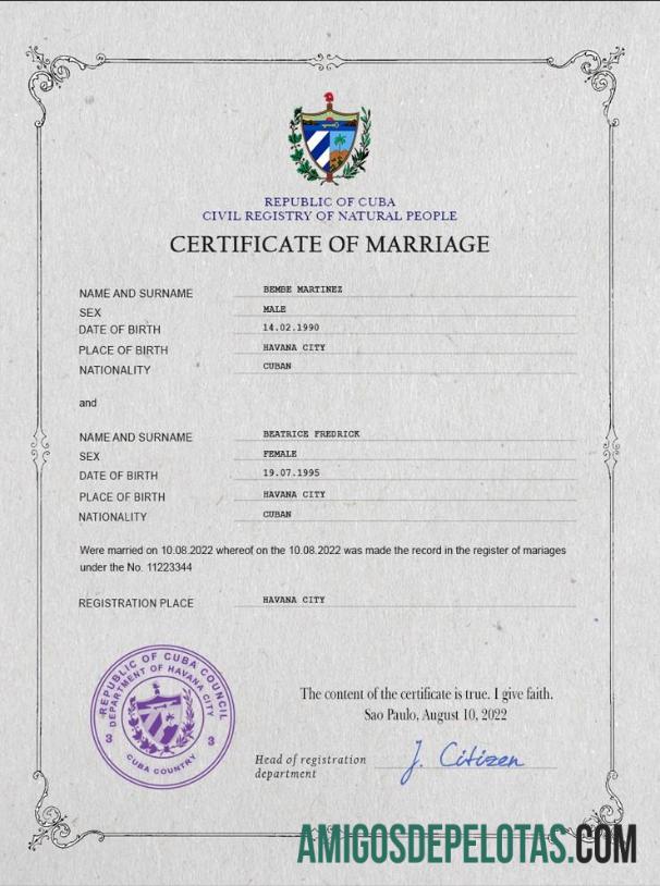 Em branco modelo PSD de certidão de casamento de Cuba
